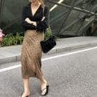 Leopard Print Midi Slit Skirt As Shown In Figure - One Size
