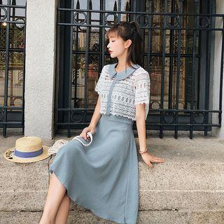 Set: Short-sleeve Lace Top + Dress