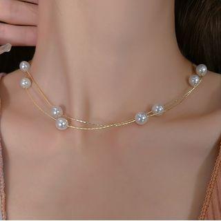 Layered Faux Pearl Choker Double Layer Pearl Necklace - Gold - One Size