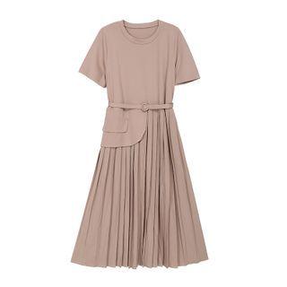 Elbow-sleeve Accordion Pleat Midi A-line Dress
