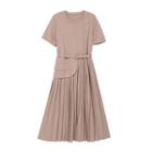 Elbow-sleeve Accordion Pleat Midi A-line Dress