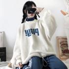 Mock Two-piece Letter Embroidered Fleece Pullover Off-white - One Size