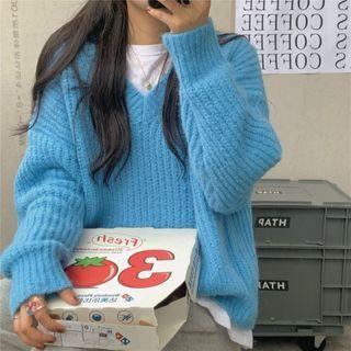 Long-sleeve V-neck Plain Knit Top Blue - One Size
