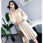Puff-sleeve Frill Trim Sweater Dress