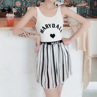 Lettering Swimsuit / Striped Swimskirt / Set