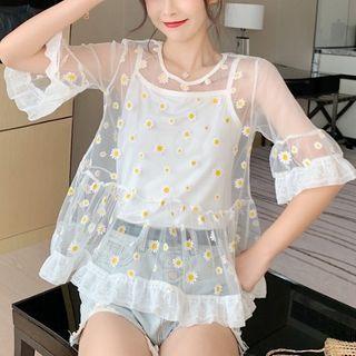 Set: Floral Short-sleeve Sheer Top + Camisole