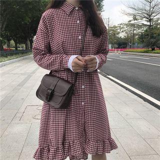 Frill Hem Plaid Midi Shirt Dress