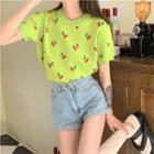 Short-sleeve Cherry Print Knit Top Green - One Size