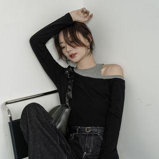 Long-sleeve Cold Shoulder Two-tone Top