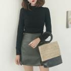 Long-sleeve Knit Sweater / Faux Leather Mini Skirt