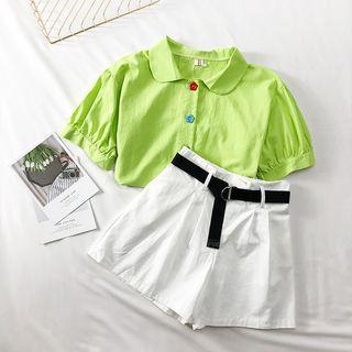 Set: Peter Pan-collar Crop Shirt + Shorts With Belt