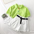 Set: Peter Pan-collar Crop Shirt + Shorts With Belt