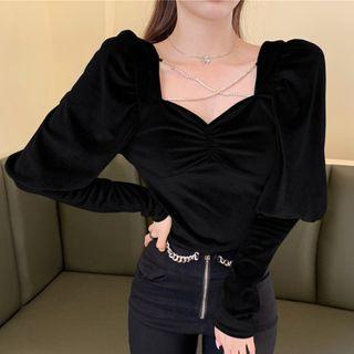 Puff-sleeve Rhinestone Velvet Crop Top