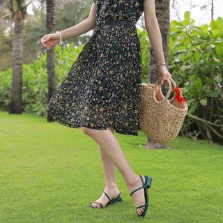 Accordion-pleat Floral Midi Dress With Belt