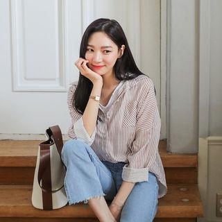 Drop-shoulder Stripe Linen Blend Shirt