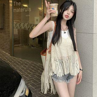 Tassel Trim Pointelle Knit Camisole Top / Tank Top