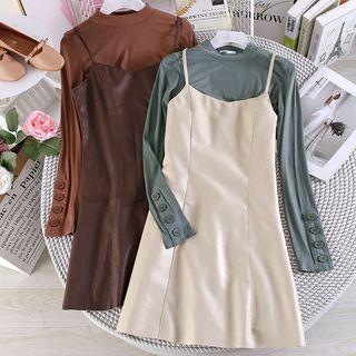 Set: Long-sleeve Top + Faux Leather Spaghetti Strap Dress