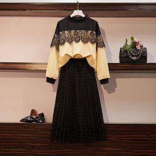 Set: Lace Panel Sweatshirt + Midi A-line Pleated Skirt