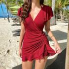 Drawstring Ruffle Hem Swimdress
