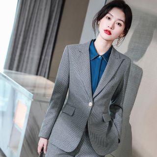 Plaid Blazer / Straight Leg Pants / Shirt / Set