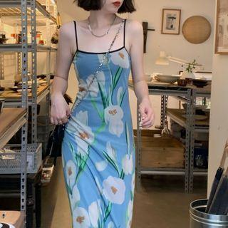 Spaghetti Strap Flower Print Maxi Sheath Dress Blue - One Size