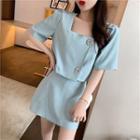 Set: Square-neck Elbow-sleeve Blouse + Mini A-line Skirt