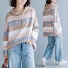 Hooded Striped Sweater Stripes - Pink & Brown & Gray - One Size