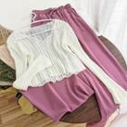 Set: Long-sleeve V-neck Sheer Top + Wide-leg Chiffon Pants As Shown In Figure - One Size