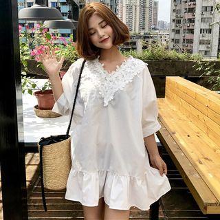 V-neck Lace Panel Elbow-sleeve Dress