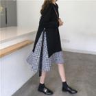 Mock Two-piece Long-sleeve Checker Paneled A-line Dress Black - One Size