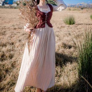 Long-sleeve Plain Midi Dress / Lace-up Vest / Kerchief / Set