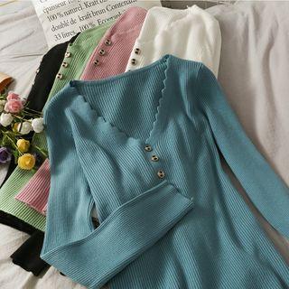 Wave V-neck Skinny Knit Top In 5 Colors