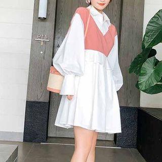 Color-block Pleated Shirt Dress