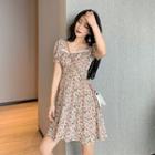 Puff-sleeve Square Neck Floral Dress Floral - Pink - One Size