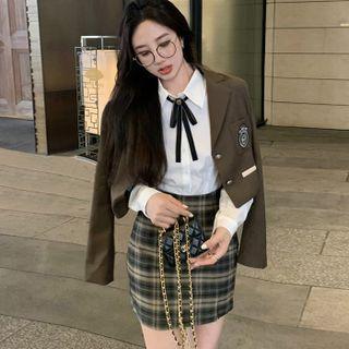 Logo Cropped Single-breasted Blazer / Plaid Mini Pencil Skirt / Shirt