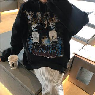 Printed Drawstring Hoodie Black - One Size