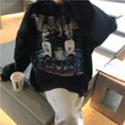 Printed Drawstring Hoodie Black - One Size