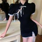 Puff-sleeve Tie-strap Mini Bodycon Dress Black - One Size