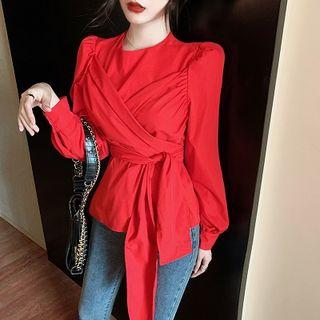 Plain Crewneck Slim-fit Puff-sleeve Blouse