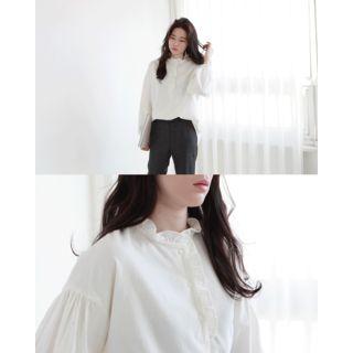 Frilled Half-placket Corduroy Blouse
