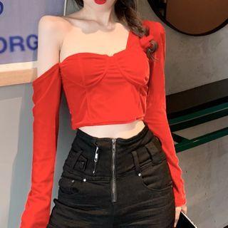 Long-sleeve One-shoulder T-shirt Red - One Size