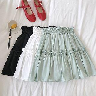 Plain Panel Ruffled-trim High-waist Skirt