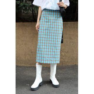 Zip-side Plaid Long Pencil Skirt