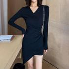 Asymmetrical Hem Long-sleeve Mini Sheath Dress