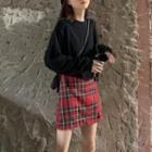 Drawstring Cropped Sweatshirt / Plaid Mini A-line Skirt