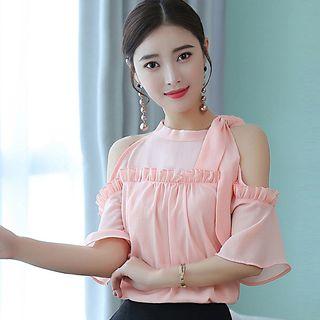 Short-sleeve Cold-shoulder Chiffon Blouse