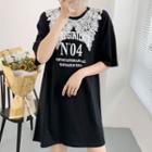 Elbow-sleeve Lace Trim Lettering Mini T-shirt Dress