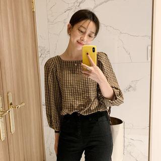 3/4-sleeve Square-neck Checked Top