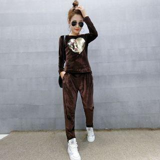 Set: Sequined Heart Velvet Long-sleeve T-shirt + Straight-cut Pants