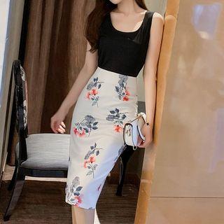 Set: Plain Tank Top + Flower Printing Midi Pencil Skirt